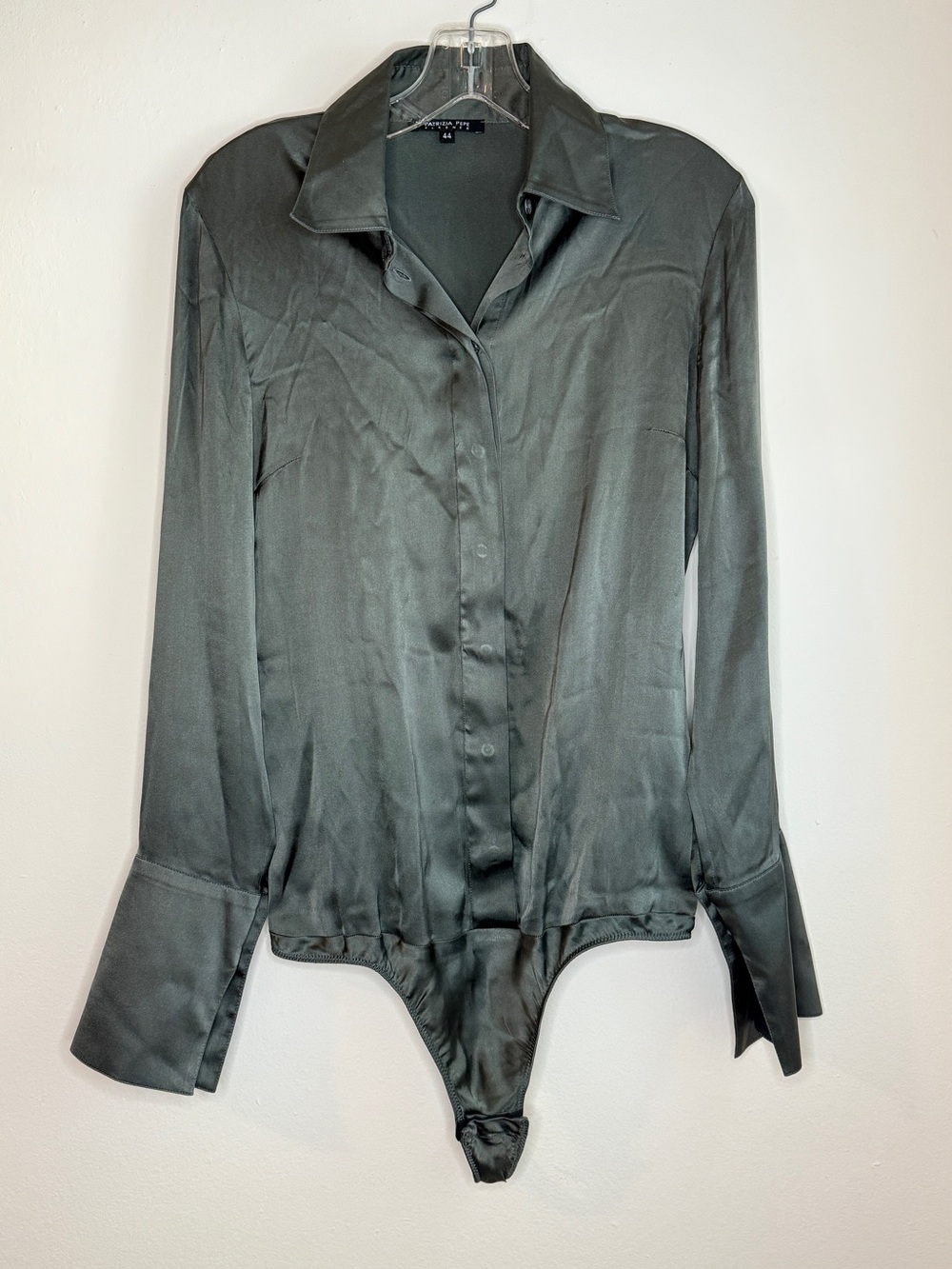 Patrizia Pepe Green Silk Blend Button-Up Bodysuit Quiet Luxury Classy Top